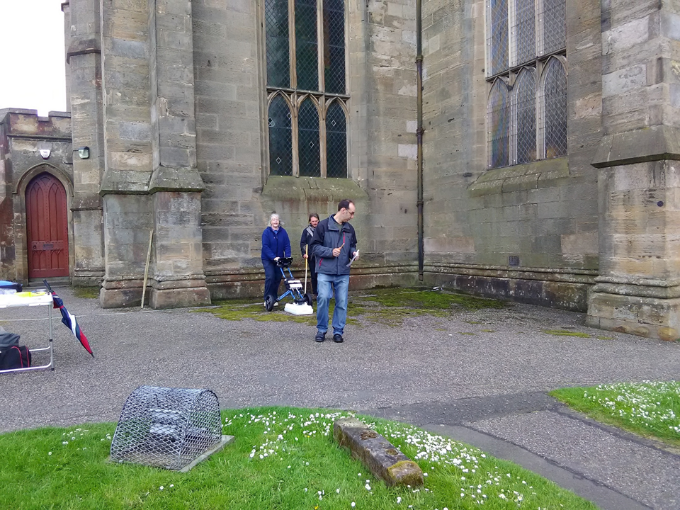 Erica Utsi, Oliver O'Grady and Michael Penman radar scanning the eastern exterior subsurface of the Abbey Church North Transept, atop the medieval Lady Chapel, 2017.